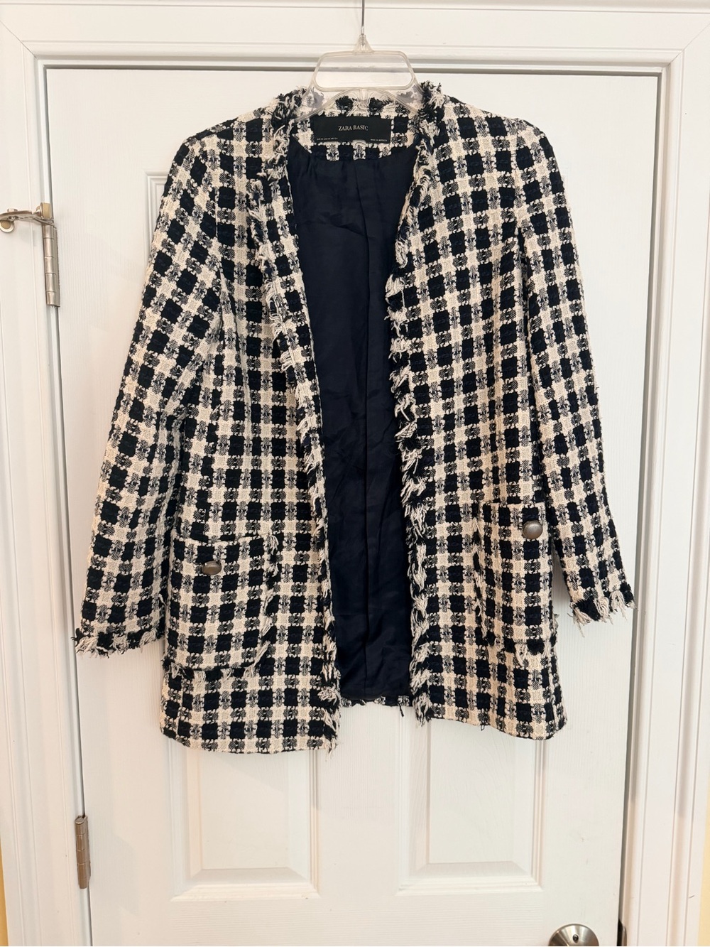 Ladies Size XS "Zara Basic" Black and White Tweed Open-Front Blazer GUC